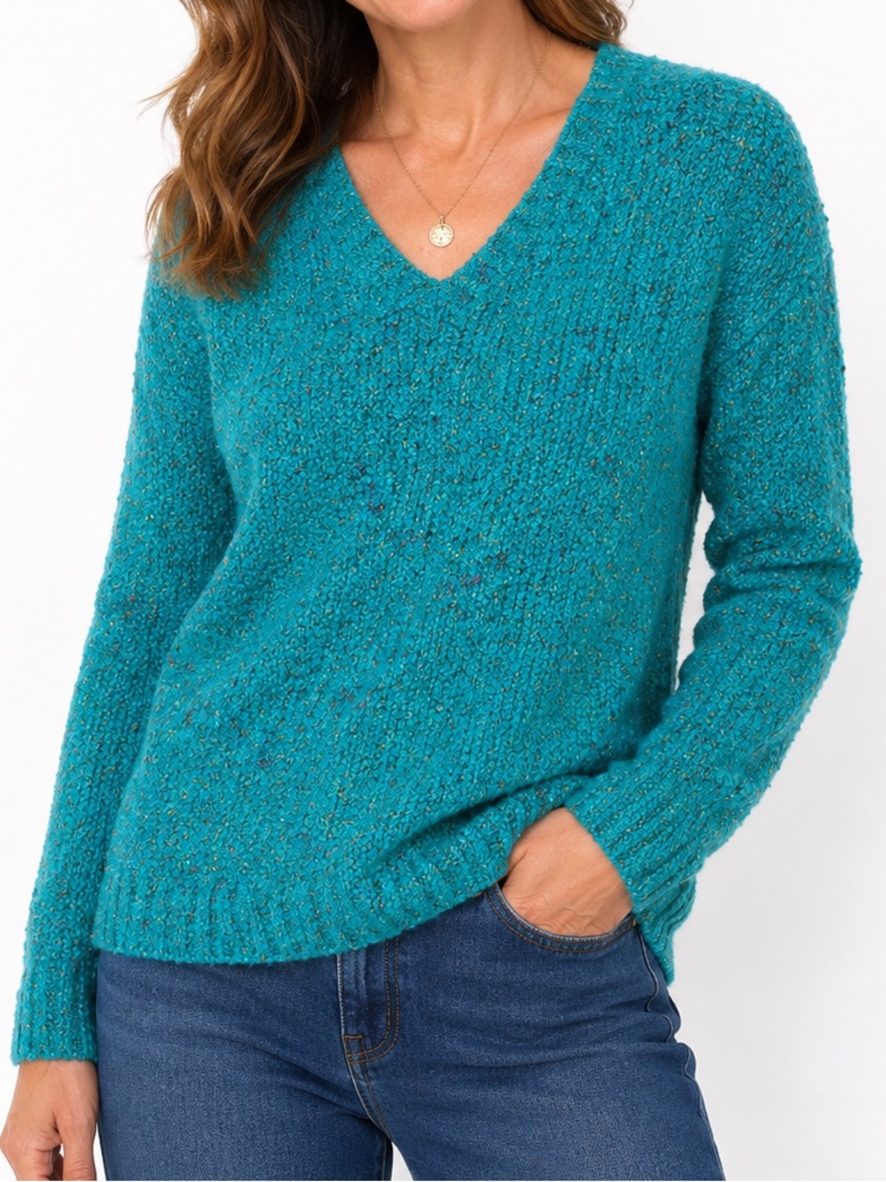 Coldwater Creek Teal Textured Knit Sweater V-Neck Long Sleeve Women’s Small